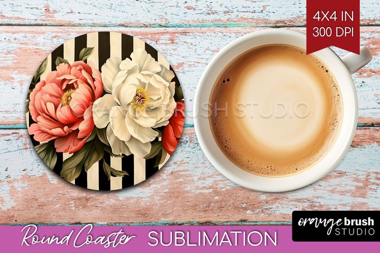 Peony Flowers Round Coaster - Floral Coaster PNG Sublimation example image 1
