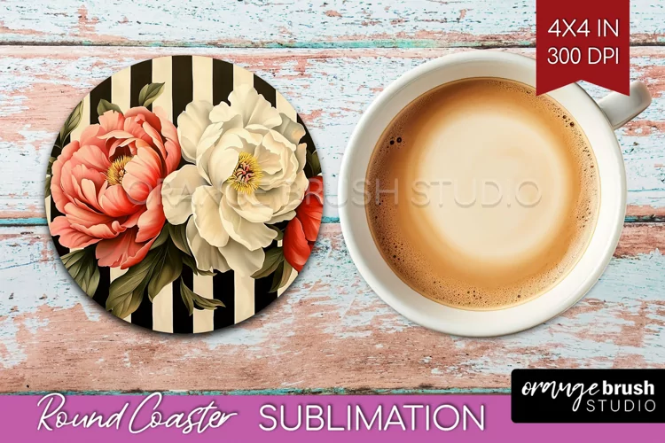 Peony Flowers Round Coaster - Floral Coaster PNG Sublimation