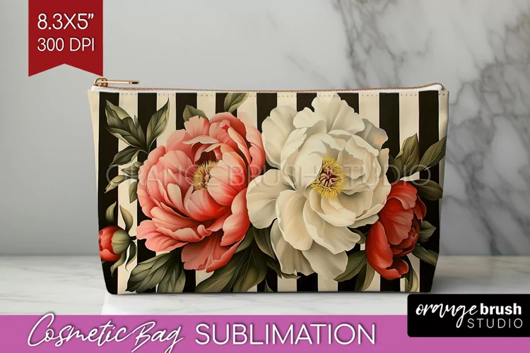 Peony Flowers Cosmetic Bag - Floral Makeup Bag PNG