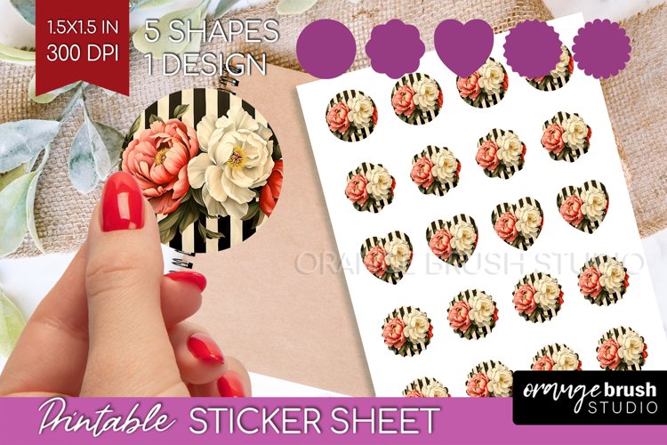 Peony Flowers Round Sticker - Floral Printable Sticker Sheet example image 1