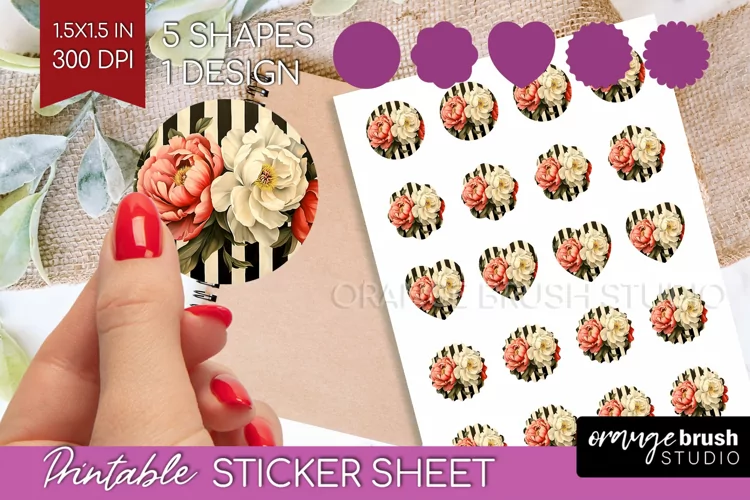 Peony Flowers Round Sticker - Floral Printable Sticker Sheet