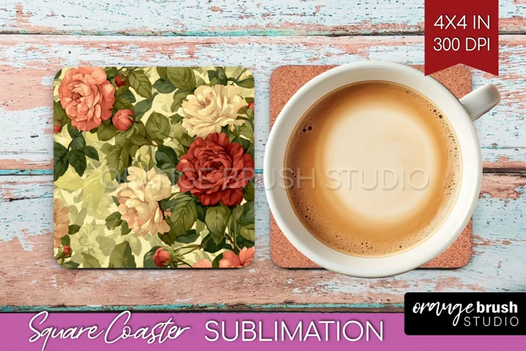 Peony Flowers Square Coaster - Floral Coaster PNG