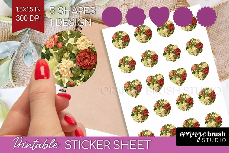 Peony Flowers Round Sticker - Floral Printable Sticker Sheet