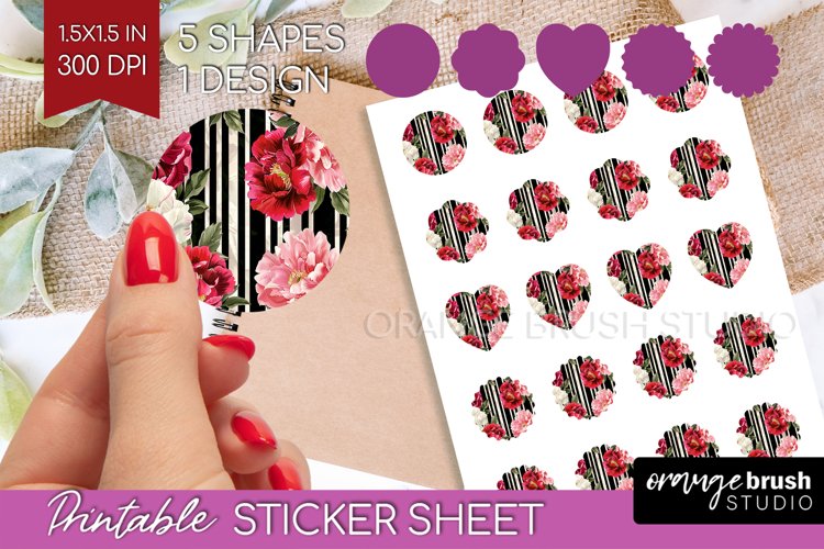 Peony Flowers Round Sticker - Floral Printable Sticker Sheet example image 1