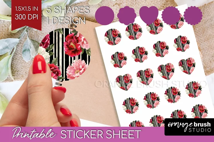 Peony Flowers Round Sticker - Floral Printable Sticker Sheet