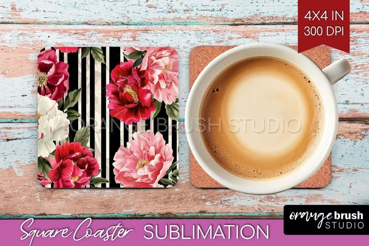 Peony Flowers Square Coaster - Floral Coaster PNG