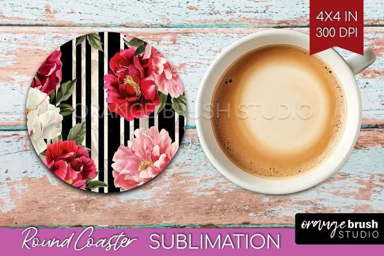 Peony Flowers Round Coaster - Floral Coaster PNG Sublimation
