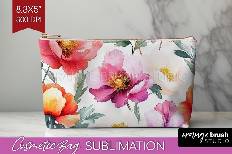 Peony Flowers Cosmetic Bag - Floral Makeup Bag PNG example image 1