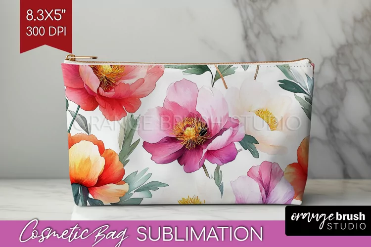 Peony Flowers Cosmetic Bag - Floral Makeup Bag PNG