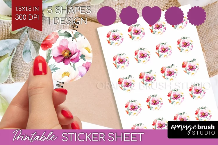 Peony Flowers Round Sticker - Floral Printable Sticker Sheet