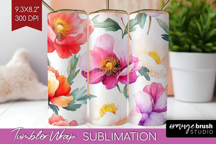 Peony Flowers Tumbler Wrap - Floral Tumbler PNG Sublimation