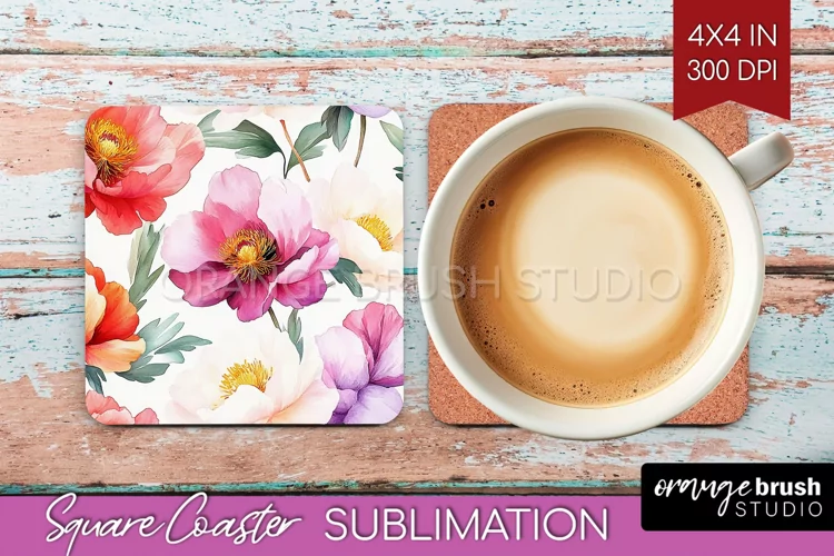 Peony Flowers Square Coaster - Floral Coaster PNG