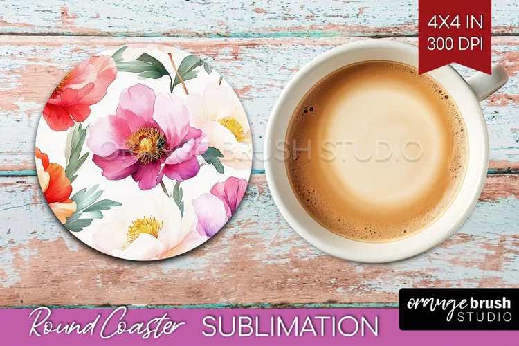 Peony Flowers Round Coaster - Floral Coaster PNG Sublimation