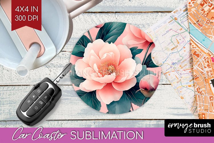 Peony Flowers Car Coaster - Floral Coaster PNG Sublimation