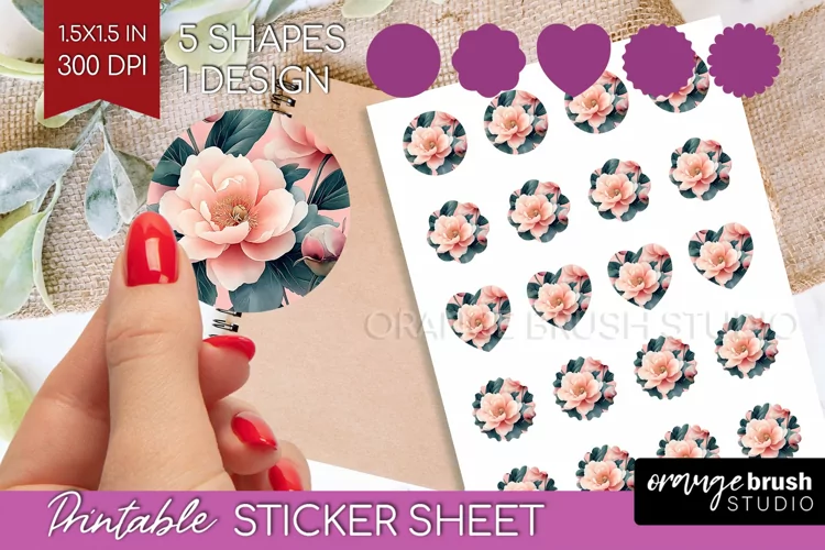Peony Flowers Round Sticker - Floral Printable Sticker Sheet