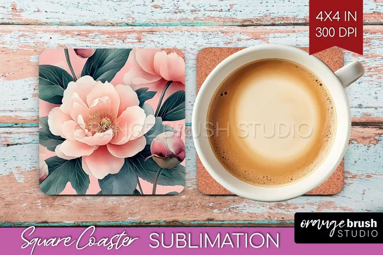Peony Flowers Square Coaster - Floral Coaster PNG