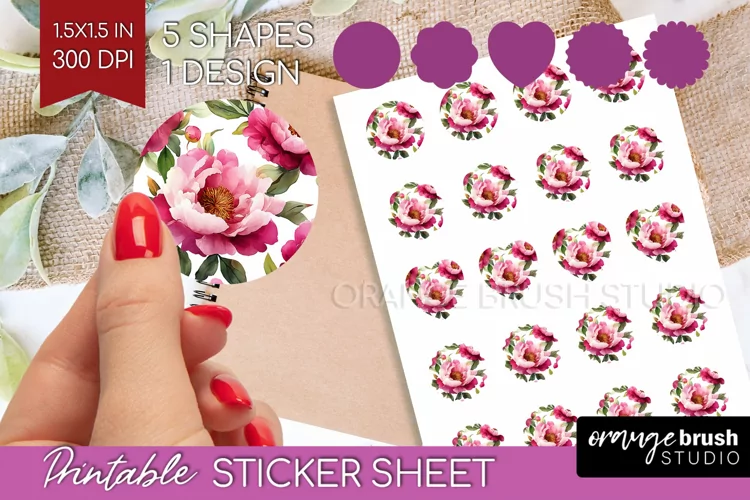Peony Flowers Round Sticker - Floral Printable Sticker Sheet