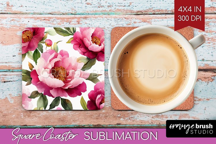 Peony Flowers Square Coaster - Floral Coaster PNG example image 1
