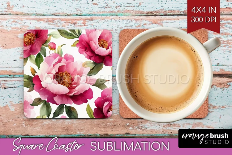 Peony Flowers Square Coaster - Floral Coaster PNG