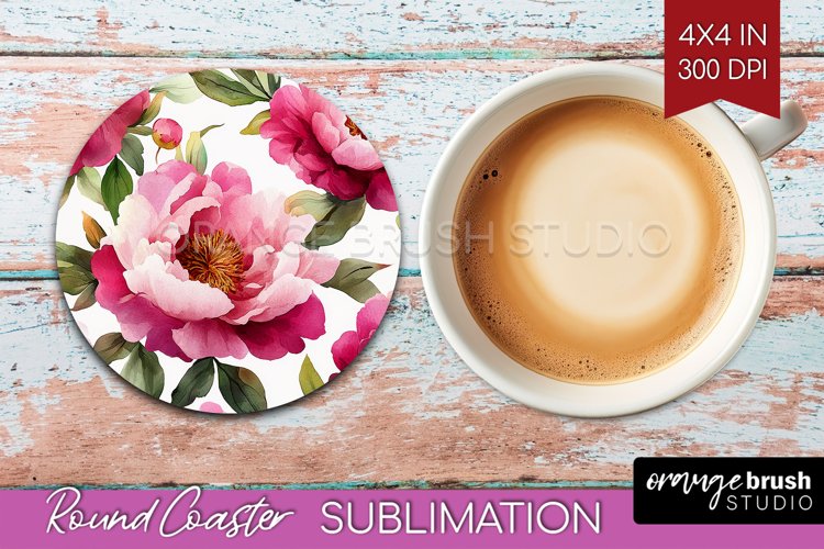 Peony Flowers Round Coaster - Floral Coaster PNG Sublimation example image 1