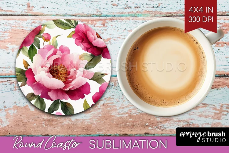 Peony Flowers Round Coaster - Floral Coaster PNG Sublimation
