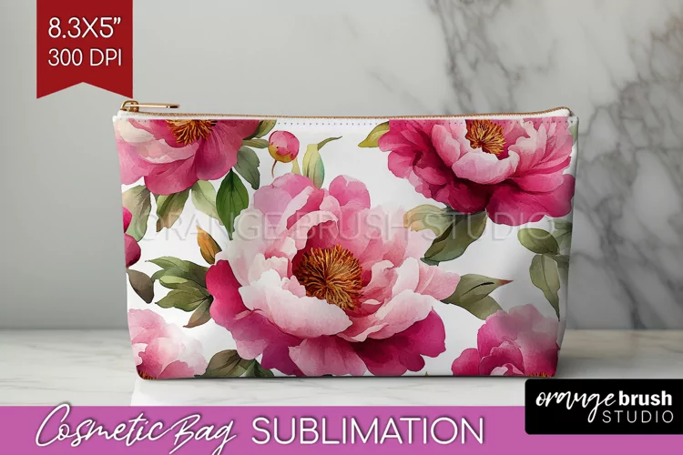 Peony Flowers Cosmetic Bag - Floral Makeup Bag PNG