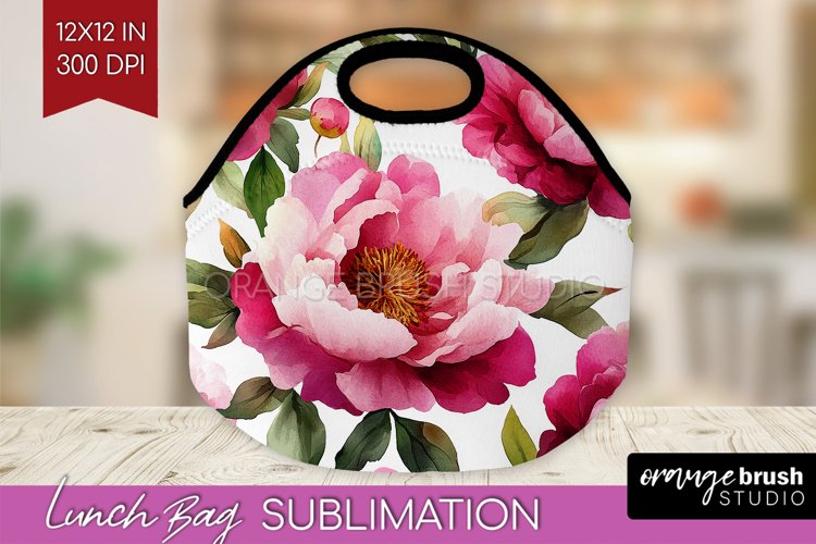 Peony Flowers Lunch Bag - Floral Lunch Bug PNG Sublimation