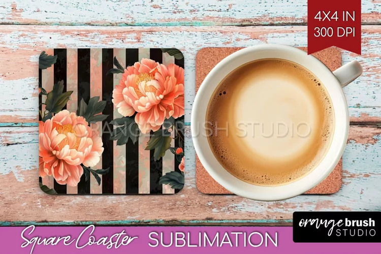 Peony Flowers Square Coaster - Floral Coaster PNG