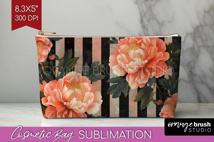 Peony Flowers Cosmetic Bag - Floral Makeup Bag PNG