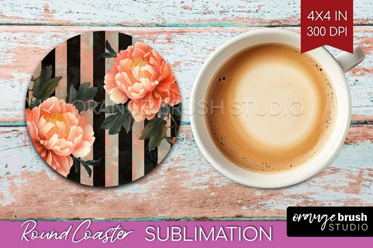 Peony Flowers Round Coaster - Floral Coaster PNG Sublimation