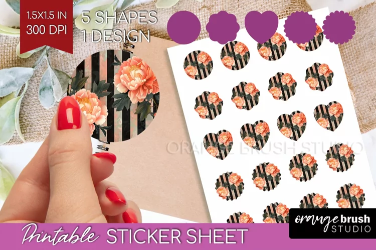 Peony Flowers Round Sticker - Floral Printable Sticker Sheet
