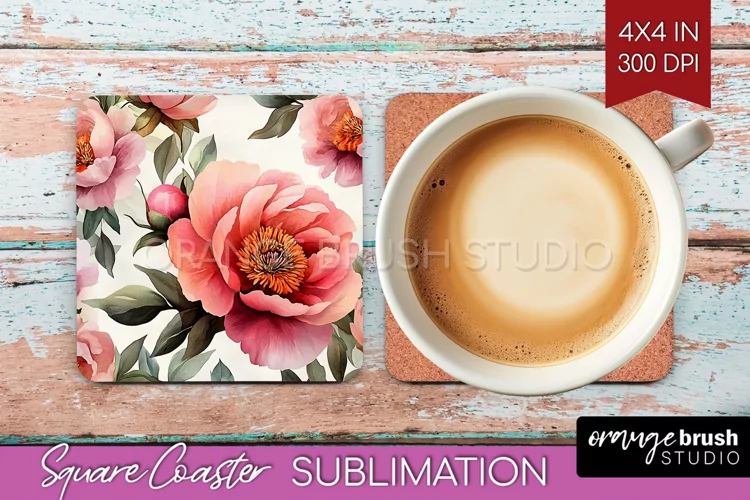 Peony Flowers Square Coaster - Floral Coaster PNG