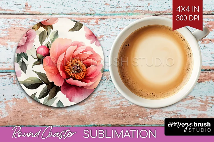 Peony Flowers Round Coaster - Floral Coaster PNG Sublimation