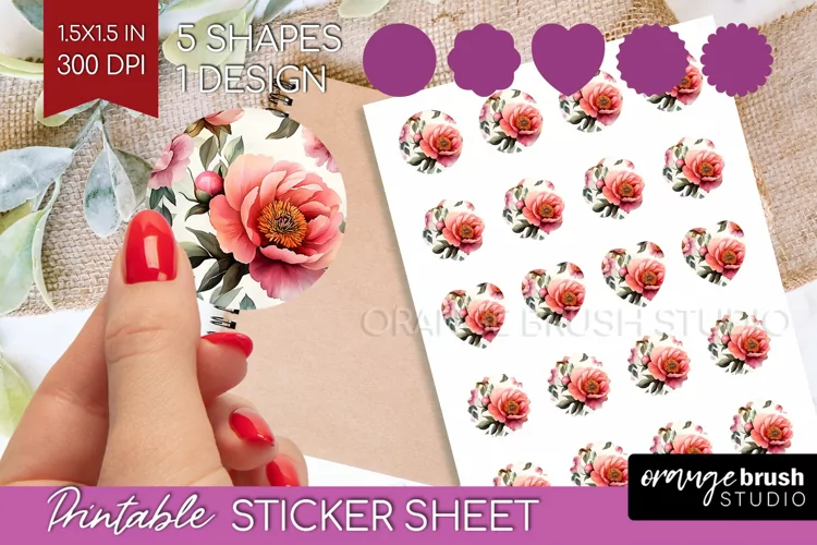 Peony Flowers Round Sticker - Floral Printable Sticker Sheet