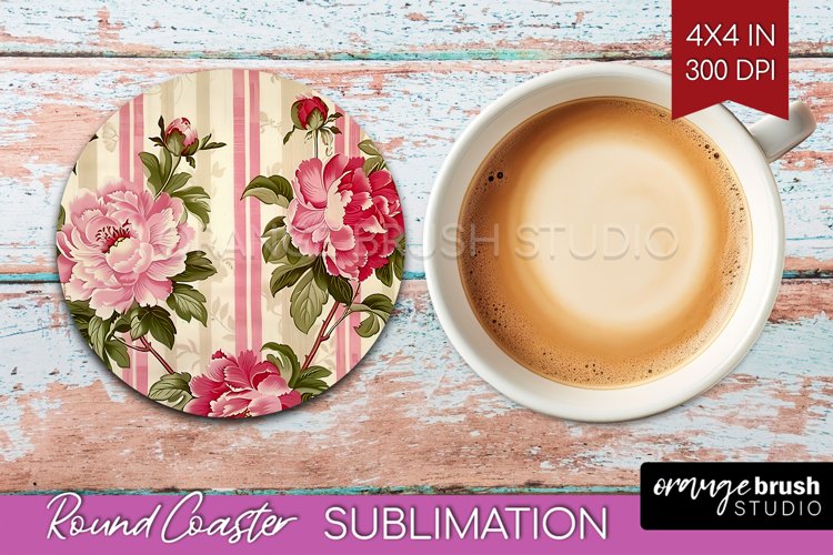 Peony Flowers Round Coaster - Floral Coaster PNG Sublimation example image 1