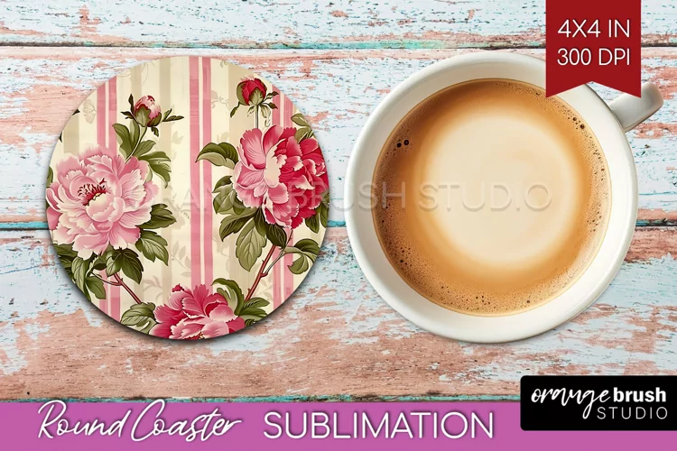 Peony Flowers Round Coaster - Floral Coaster PNG Sublimation