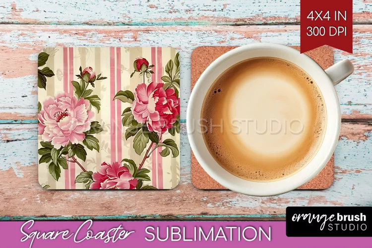 Peony Flowers Square Coaster - Floral Coaster PNG