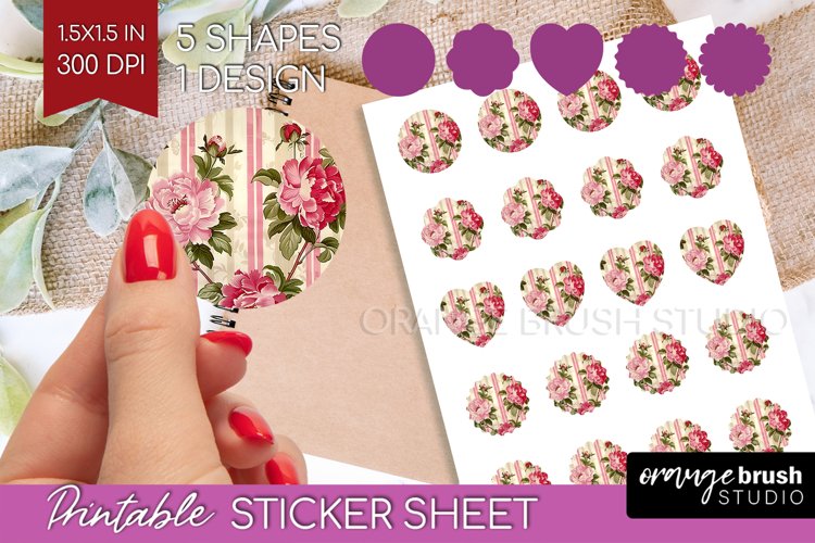 Peony Flowers Round Sticker - Floral Printable Sticker Sheet example image 1