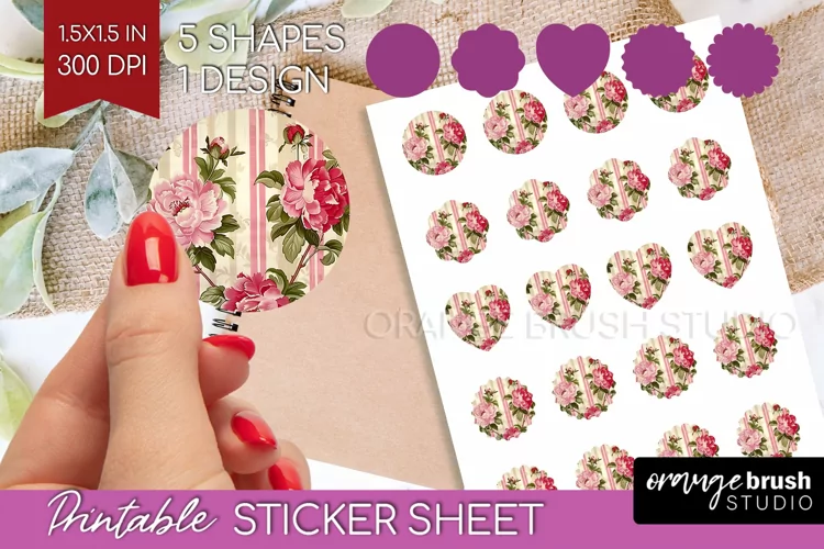 Peony Flowers Round Sticker - Floral Printable Sticker Sheet