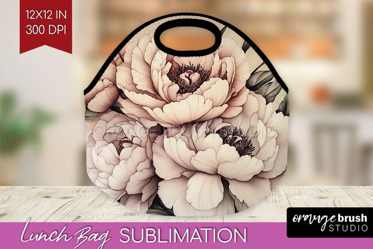 Peony Flowers Lunch Bag - Floral Lunch Bug PNG Sublimation