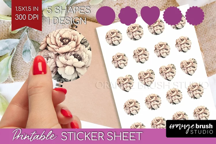 Peony Flowers Round Sticker - Floral Printable Sticker Sheet