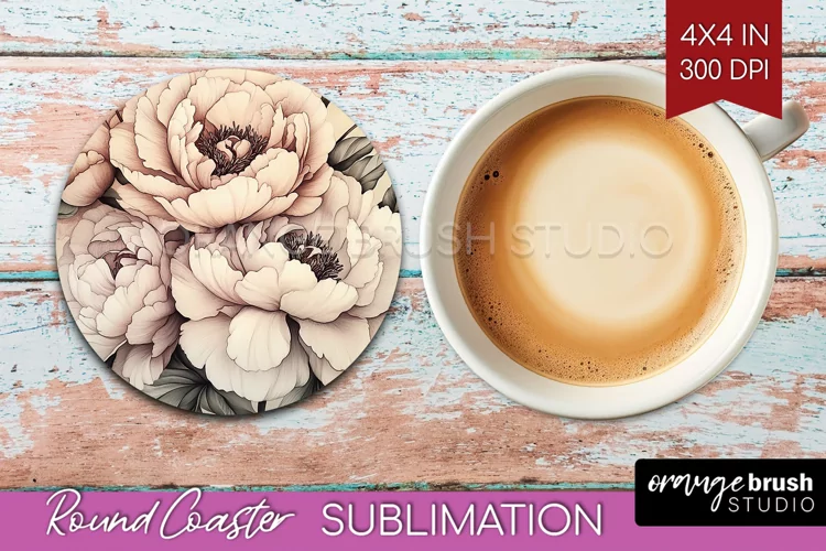 Peony Flowers Round Coaster - Floral Coaster PNG Sublimation