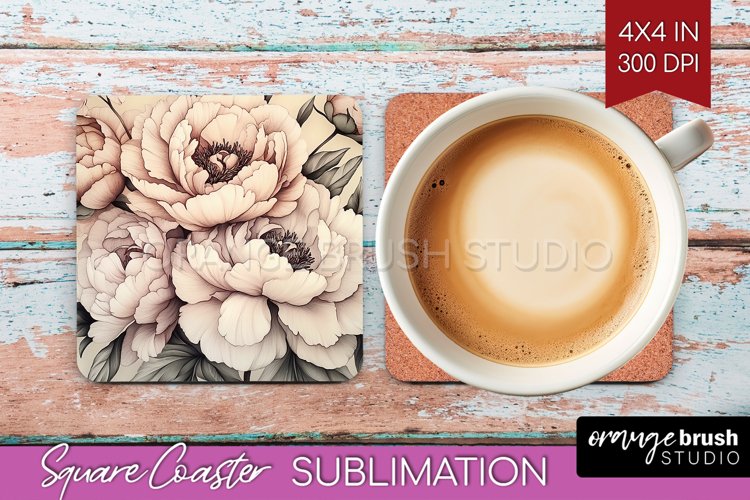 Peony Flowers Square Coaster - Floral Coaster PNG example image 1