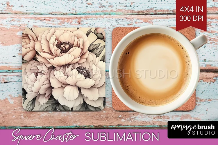 Peony Flowers Square Coaster - Floral Coaster PNG