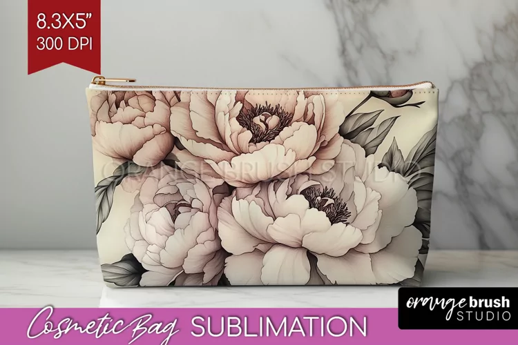 Peony Flowers Cosmetic Bag - Floral Makeup Bag PNG
