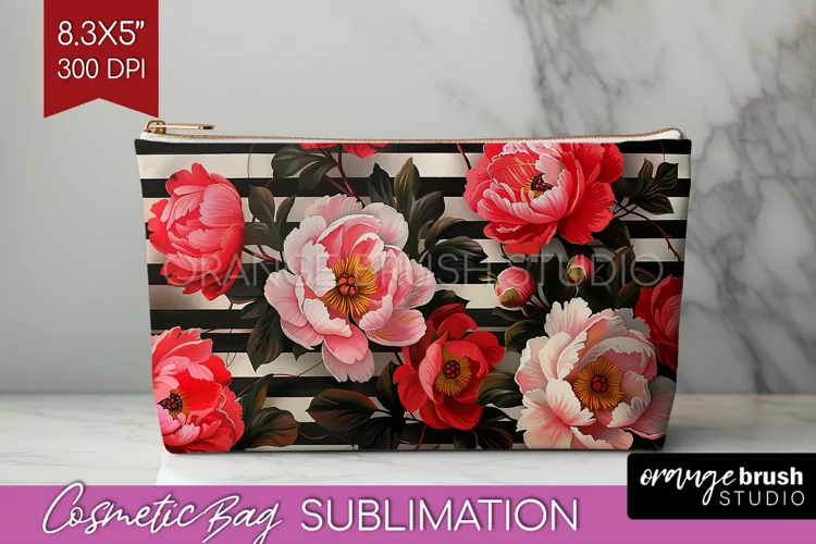 Peony Flowers Cosmetic Bag - Floral Makeup Bag PNG