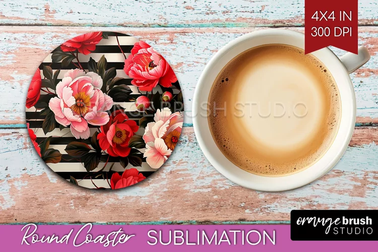 Peony Flowers Round Coaster - Floral Coaster PNG Sublimation