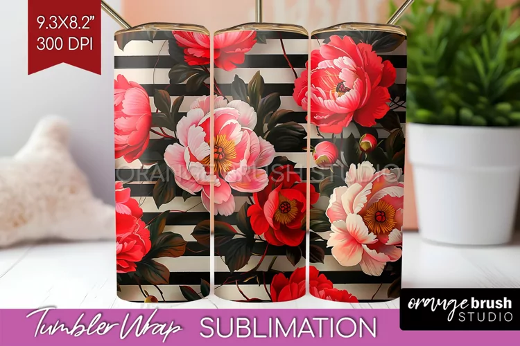 Peony Flowers Tumbler Wrap - Floral Tumbler PNG Sublimation