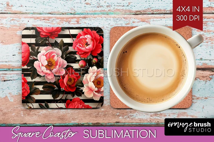 Peony Flowers Square Coaster - Floral Coaster PNG