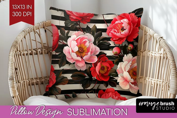 Peony Flowers Pillow Sublimation - Floral Pillow Cover PNG